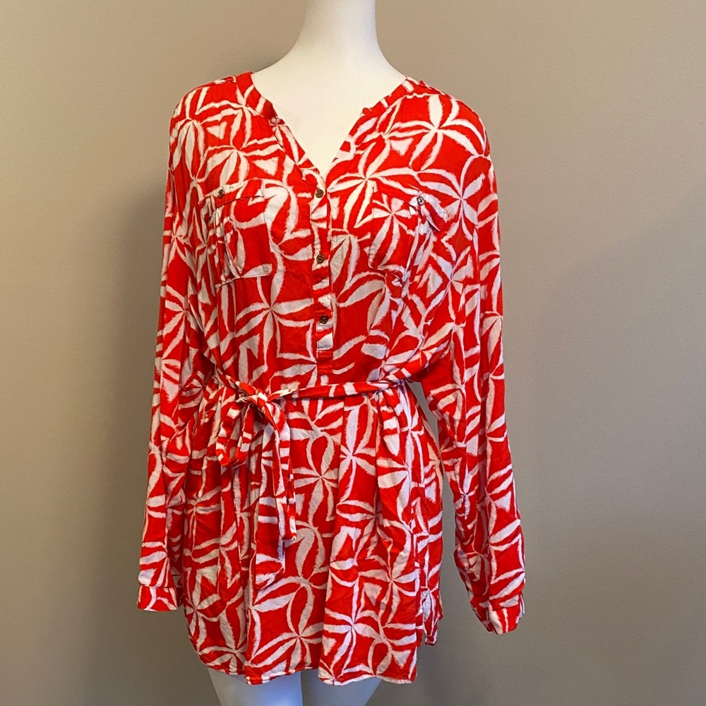 Calvin Klein Red and White Geometric Swim Coverup